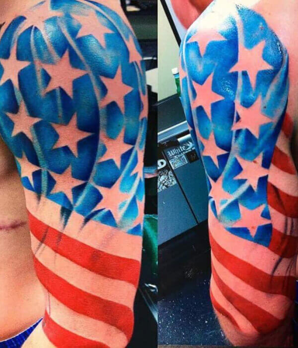 Blue and red American flag tattoo