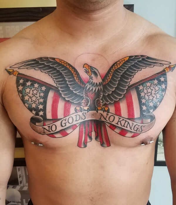 Chest American flag tattoo with an eagle