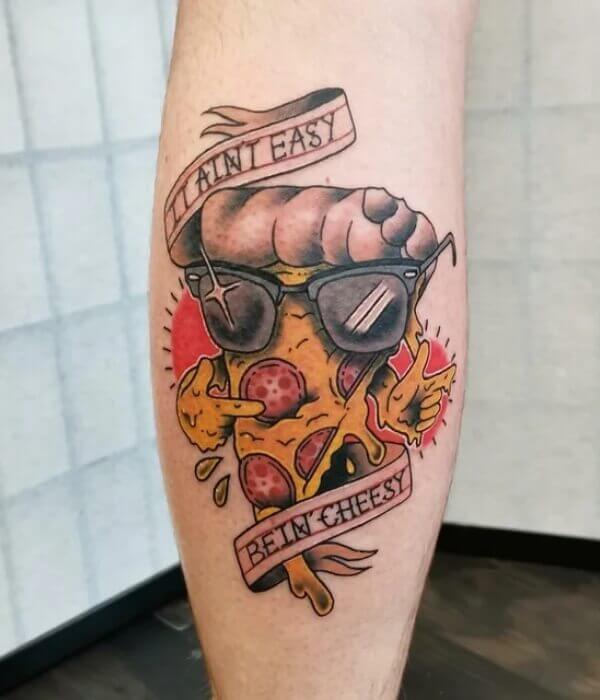 Pizza with a sunglasses tattoo design on the forearm