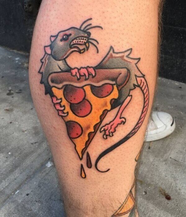 Rat consuming pizza tattoo design