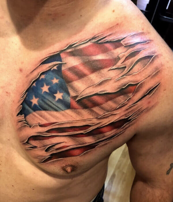 Ripped skin American flag tattoo