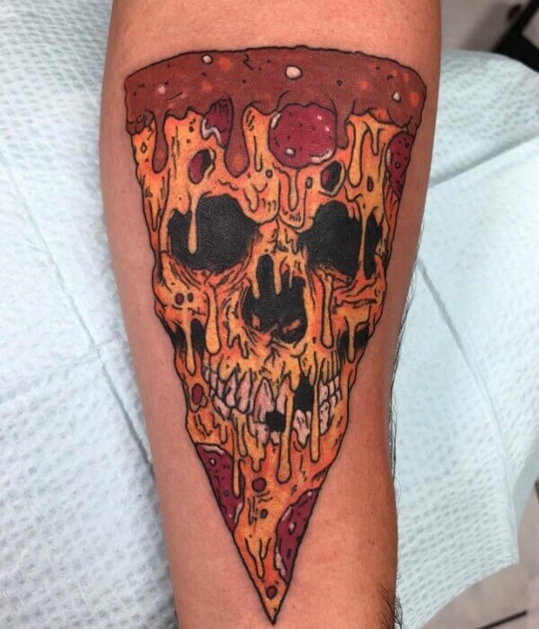 Skeleton is carrying a Pizza tattoo design