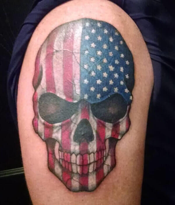 Skull American Flag Tattoo on Shoulder