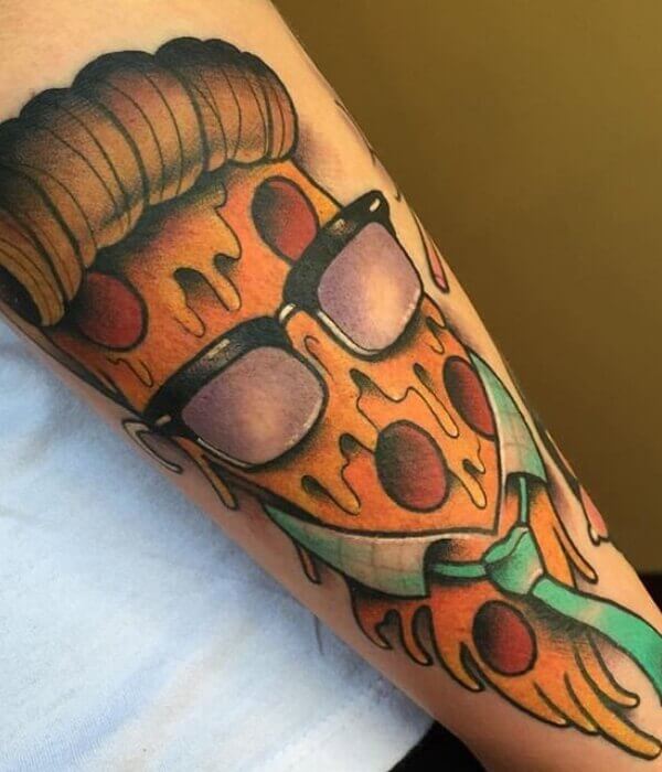 Vegan Pizza tattoo design on the forearm
