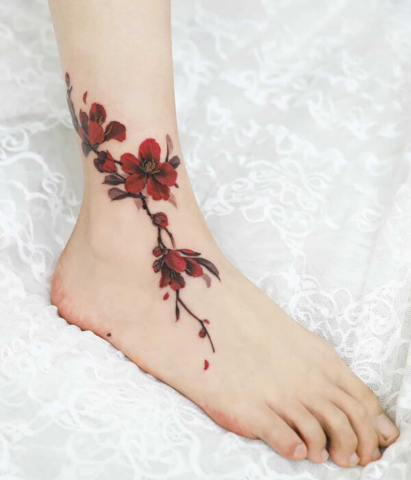 Cherry blossoms Good Luck Tattoo on Leg