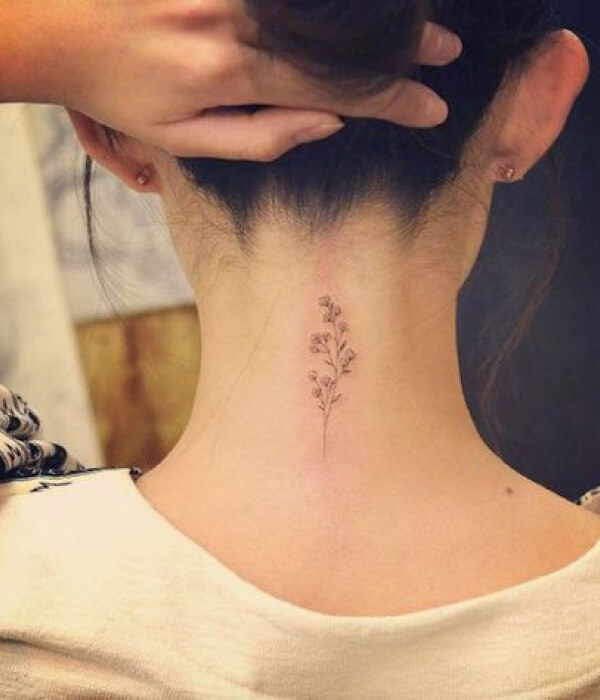 Lavender Good Luck Tattoo on neck