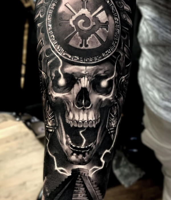 Aztec skull tattoo