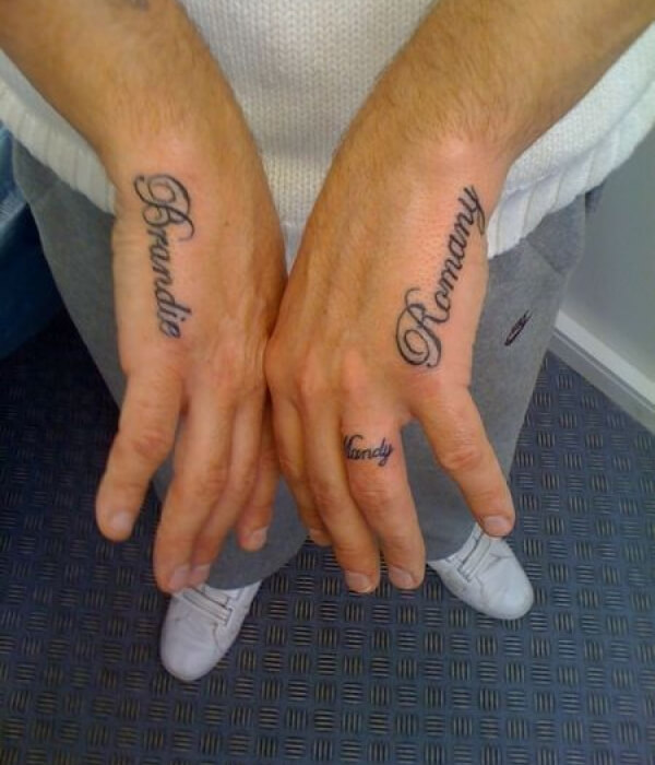 Baby name tattoo on fingers