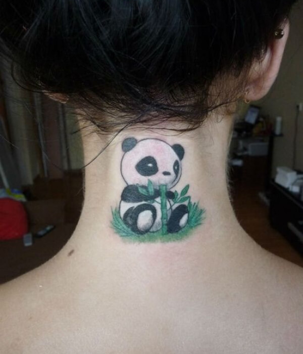 Colorful panda tattoo on the nape