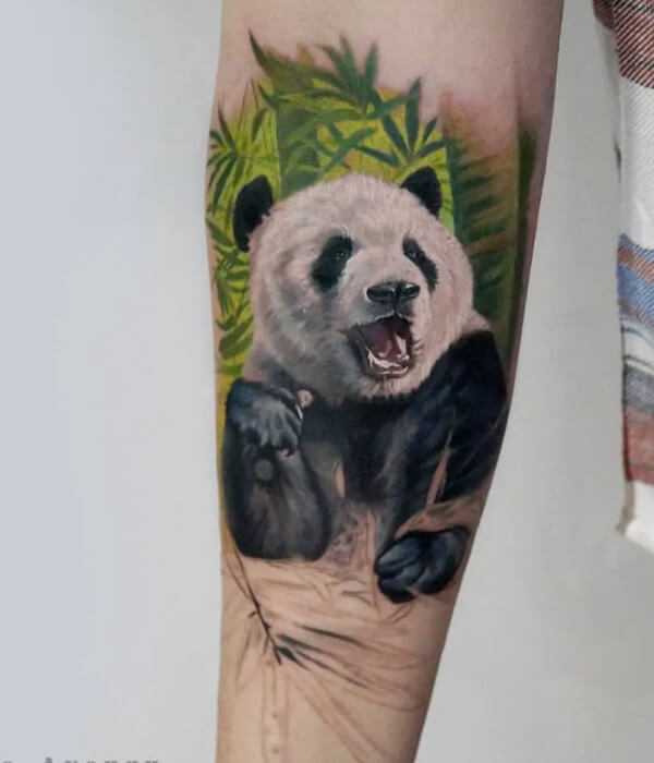 Colorful realistic happy panda tattoo
