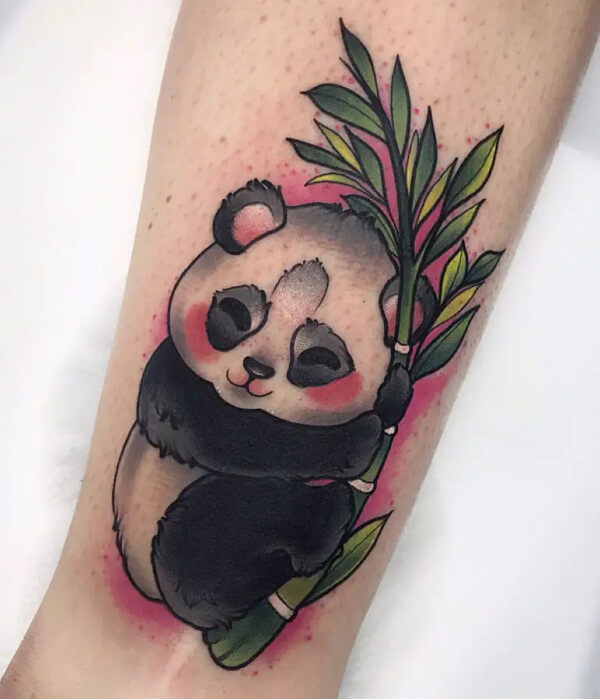 Colorful realistic happy panda tattoo