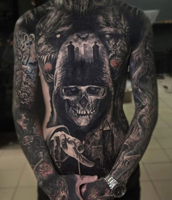 Horrifying full-body devil tattoo