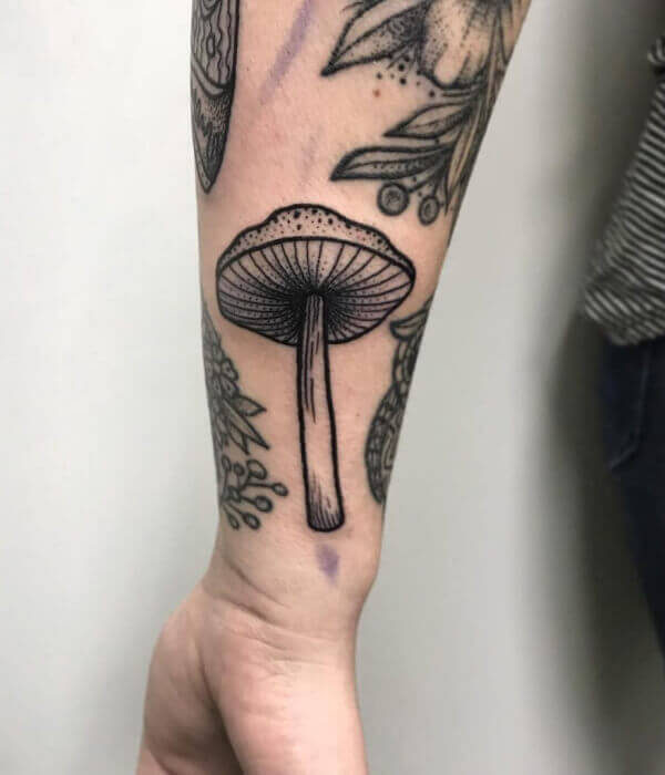 Monochrome Small Mushroom Tattoo
