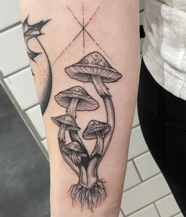 Mushroom Tattoo in Shades of Black and Grey