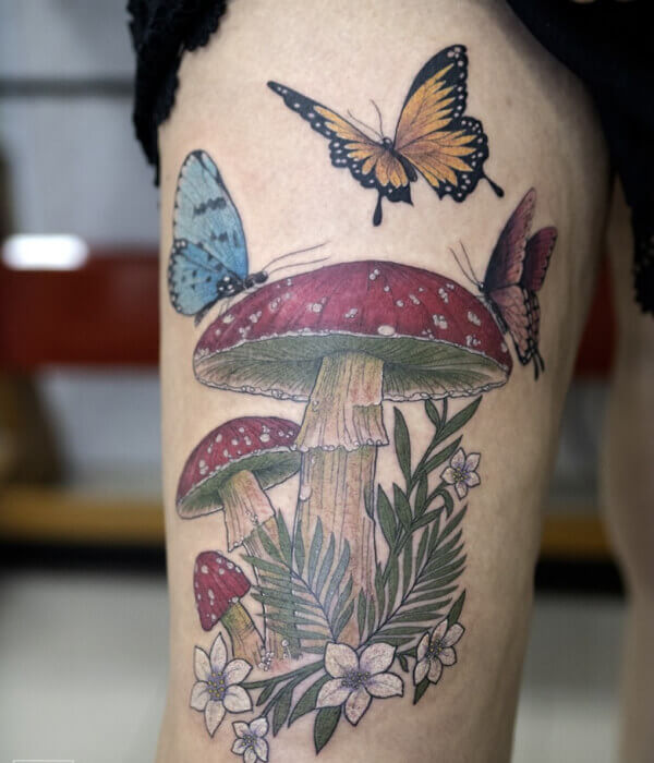 Mushroom with Butterfly Tattoo Design