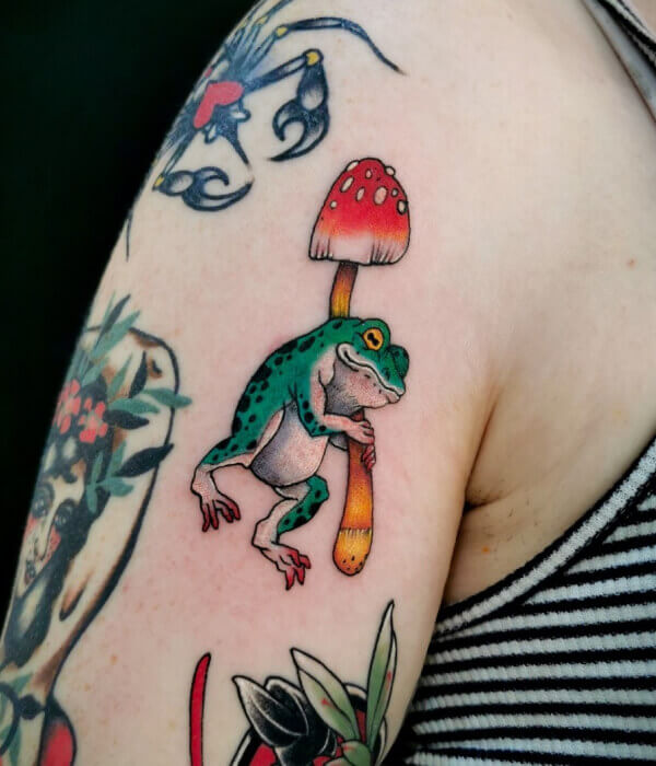 Mushrooms with Frog Tattoo Design