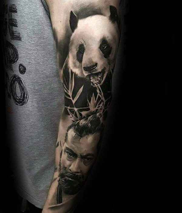 Panda tattoo sleeve in realistic ink