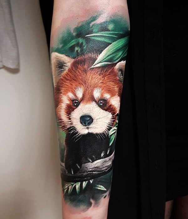 Red panda tattoo on the leg