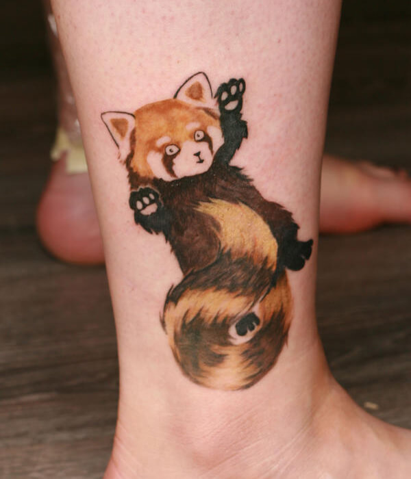 Red panda tattoo on the leg