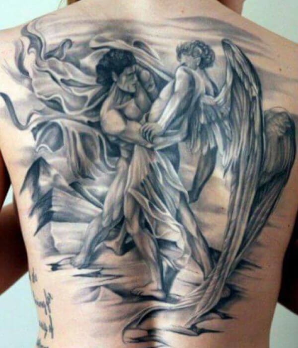 The full-body cupid-like devil tattoo