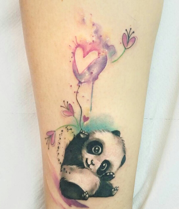 Watercolor kawaii panda tattoo on the ankle