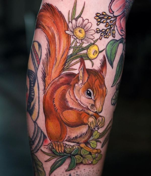 Bear with acorn plant tattoo