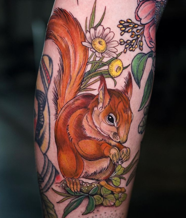 Bear with acorn plant tattoo