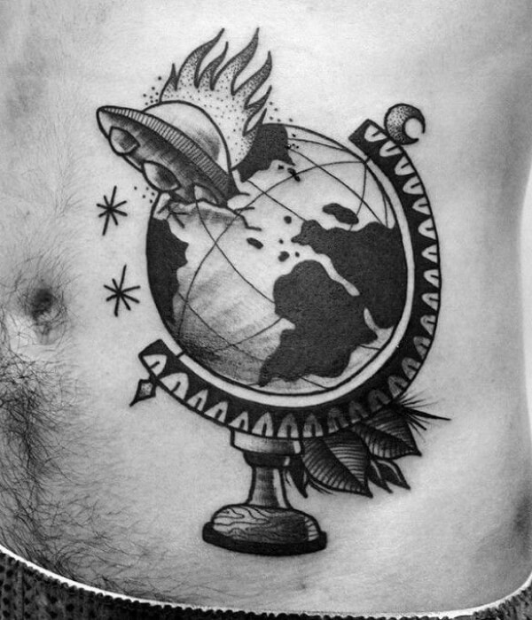 Globe with alien ship tattoo