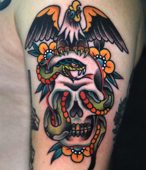 Plant with eagle skull tattoo 