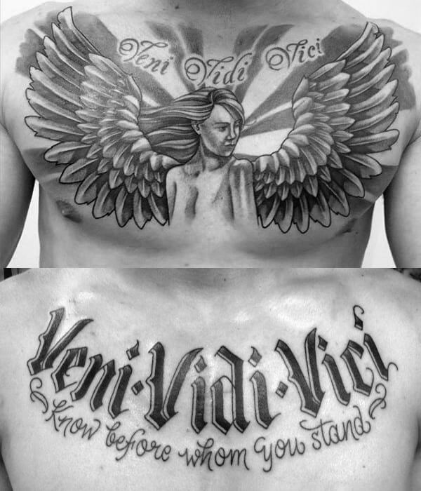 Veni Vidi Vici tattoo on the chest