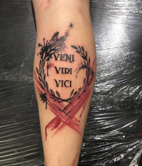 Veni Vidi Vici tattoo on the leg