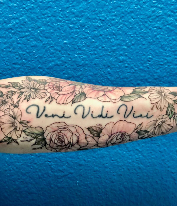 Veni Vidi Vici tattoo with rose