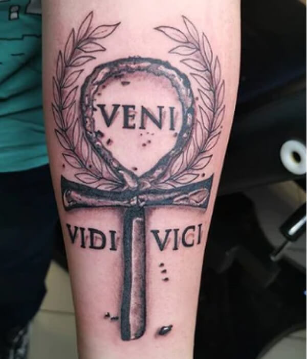 Veni Vidi vici tattoo with cross