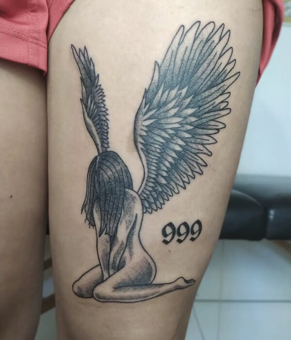 999 angle number tattoo with butterflies