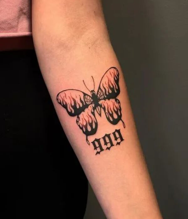 999 angle number tattoo with butterflies