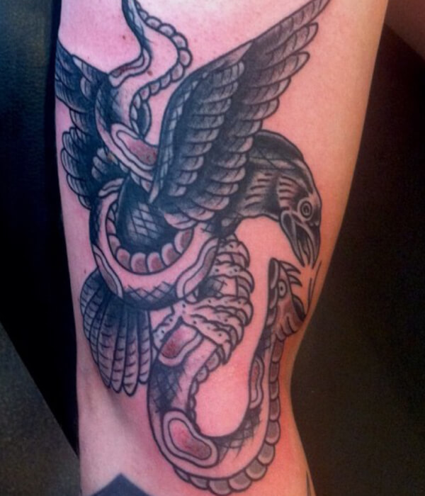 Black raven tattoo with a snake
