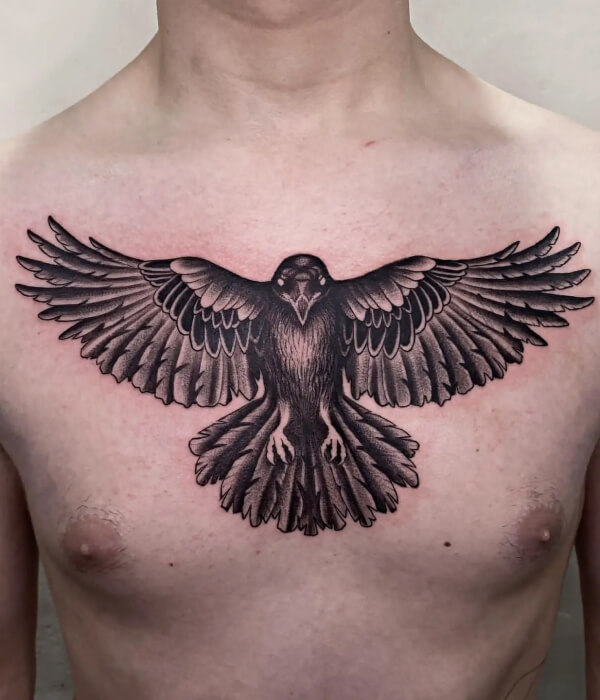 Black raven tattoo with spread-out wings