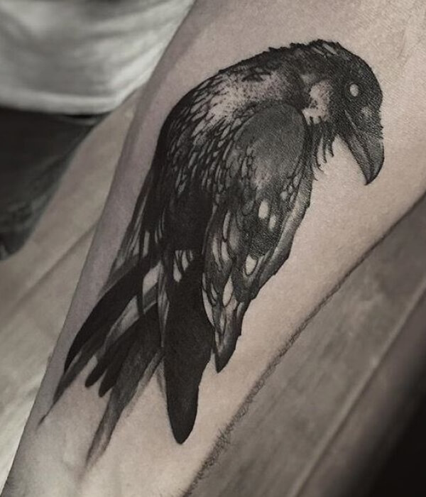 Gray and black raven tattoo