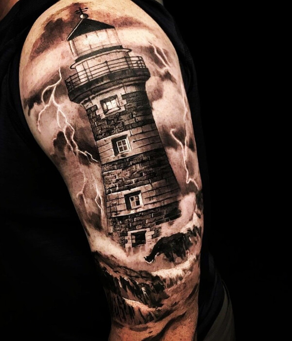 Lightning tattoo with lighthouse