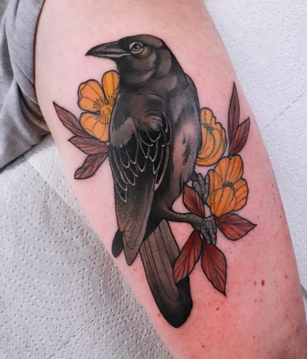 Neo-traditional raven tattoo