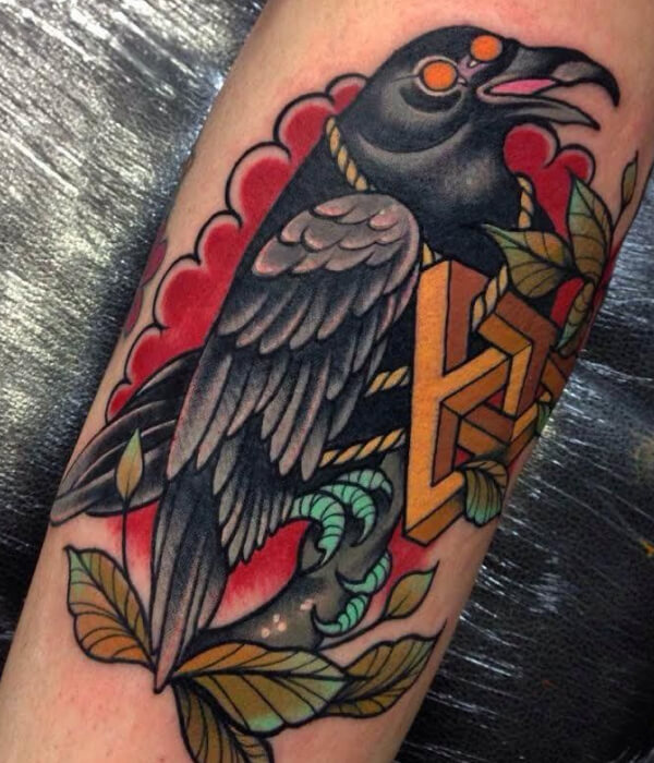 Neo-traditional raven tattoo