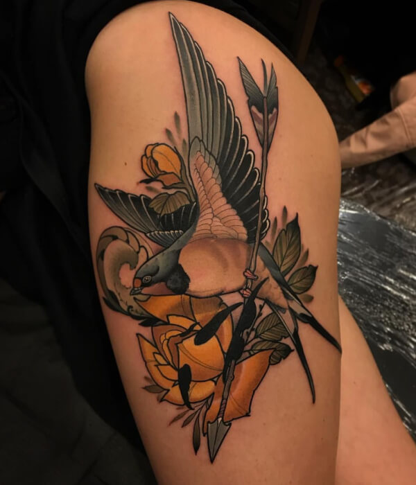 Neo-traditional sparrow tattoo