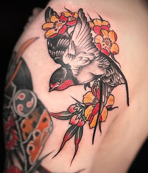 Neo-traditional sparrow tattoo