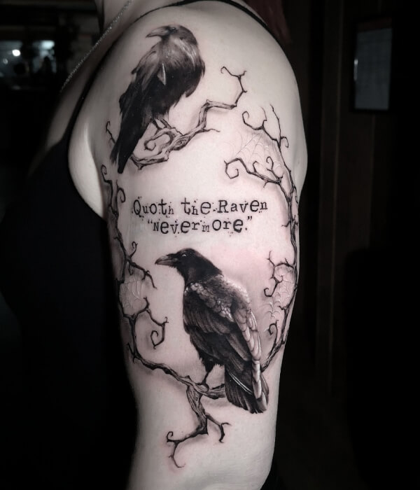 Raven tattoo with a quote