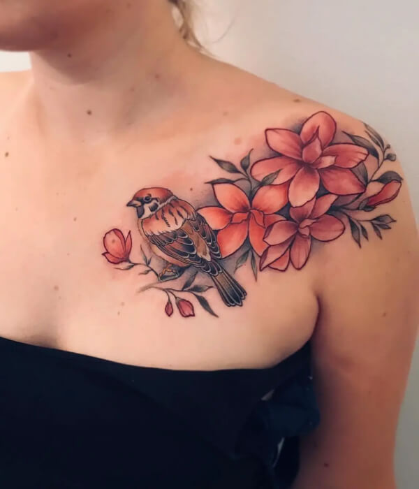 Sparrow tattoo with flowers