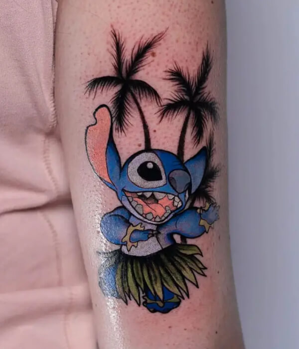 Stitch tattoo with palm tree