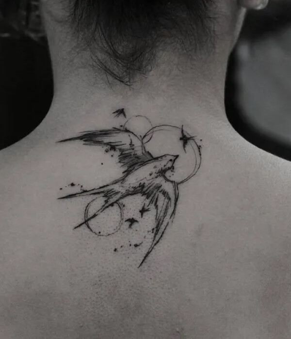 Swallow bird tattoo with moon