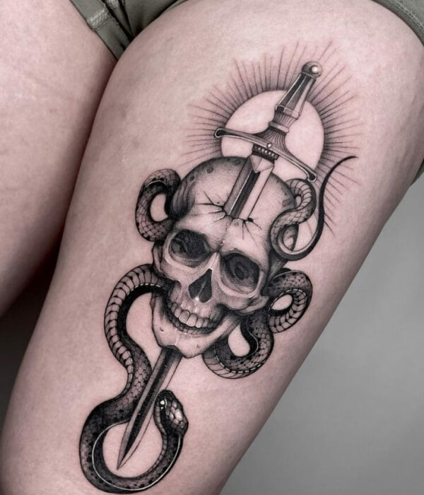 Army Skull With Daggers Tattoo on t- high