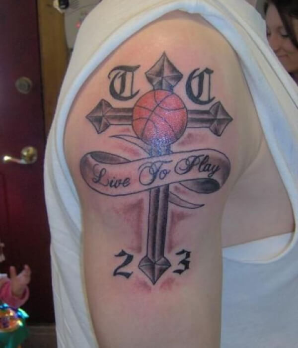 Basketball Tattoo with cross on hand