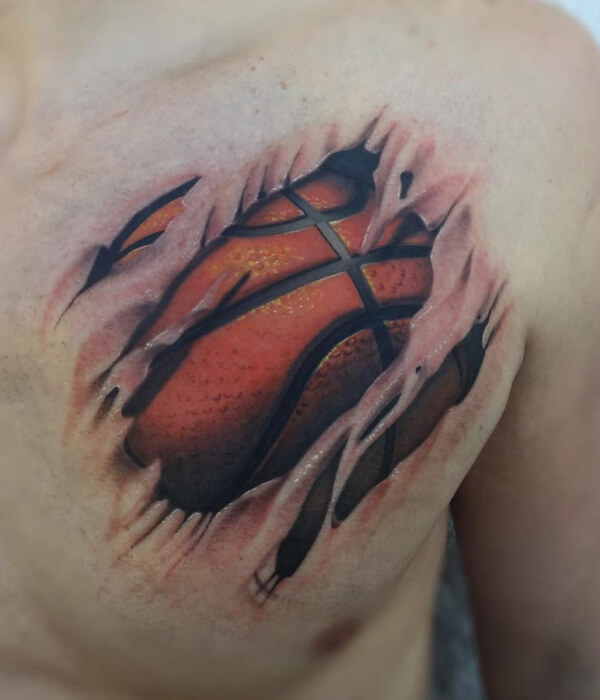 Basketball tattoo design with ripped skin on chest